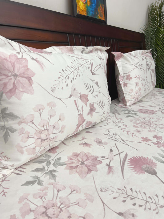 Floral (Pink)- 300 TC, Superior Cotton, King Size Bedsheet Set