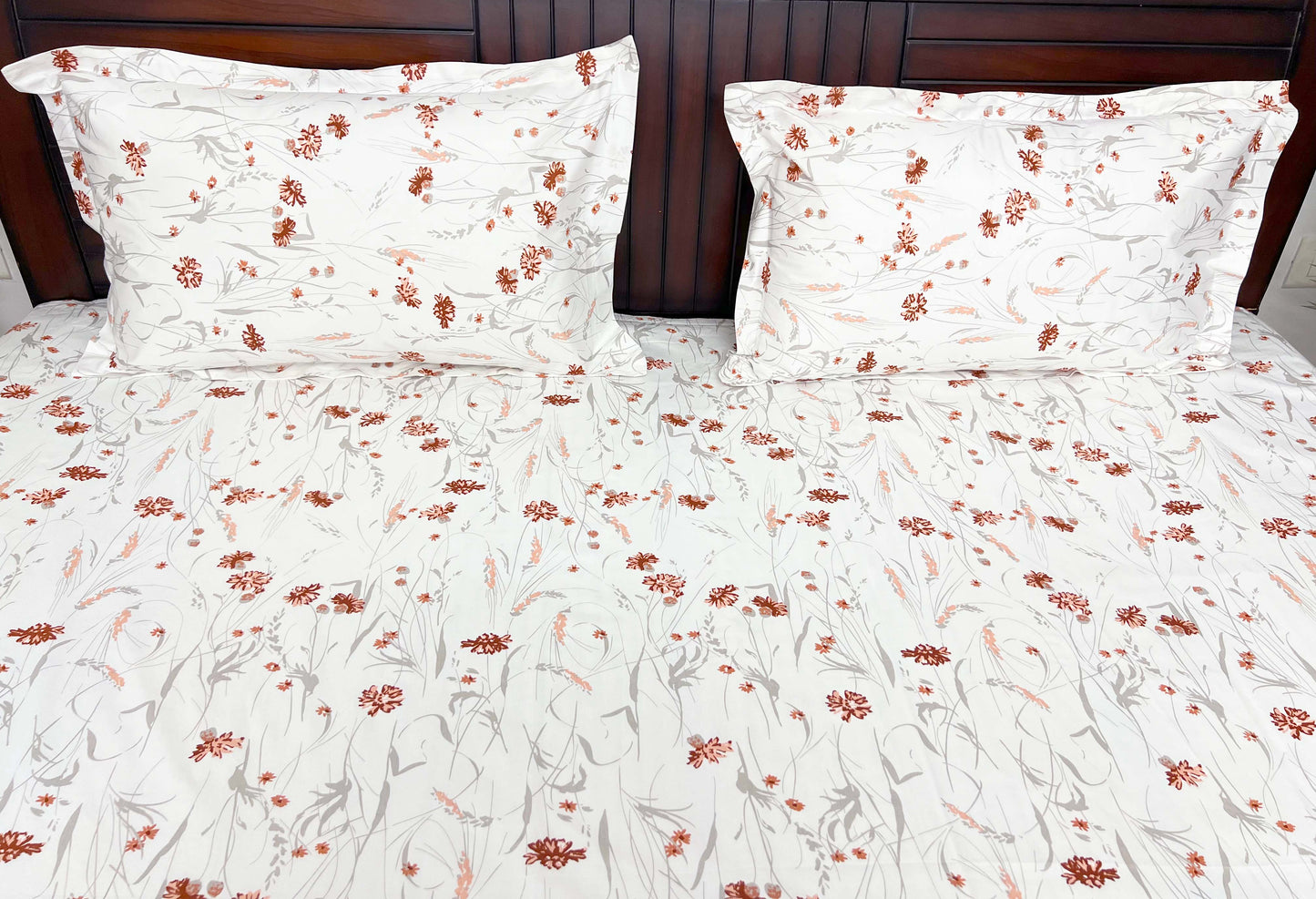 Little Flower (Rust) - 210 TC Super Soft , King Size Bedsheet Set